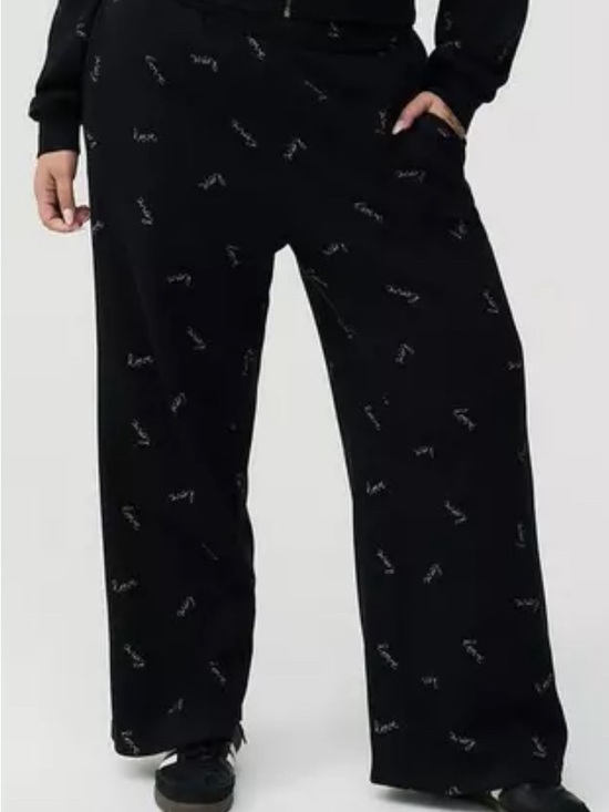 torrid Pants - Wide-Leg Black Fleece Knit Pants with Subtle Love Script Detail